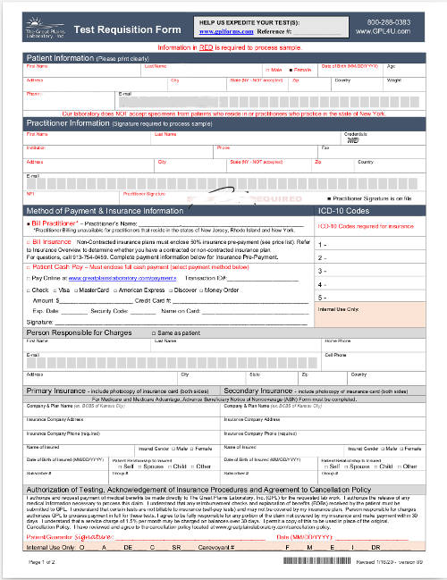 Test requisition form